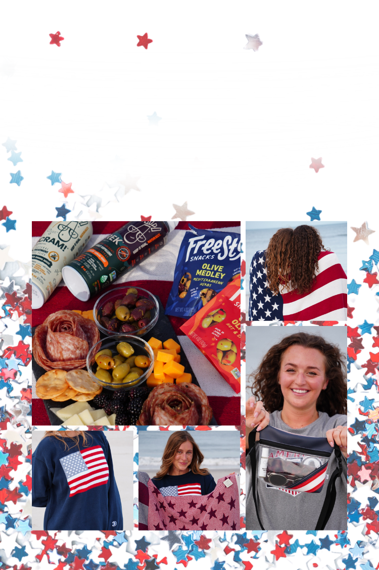 Collage of images with snacks, a person holding a bag, and an American flag-themed shirt on a star-patterned background.