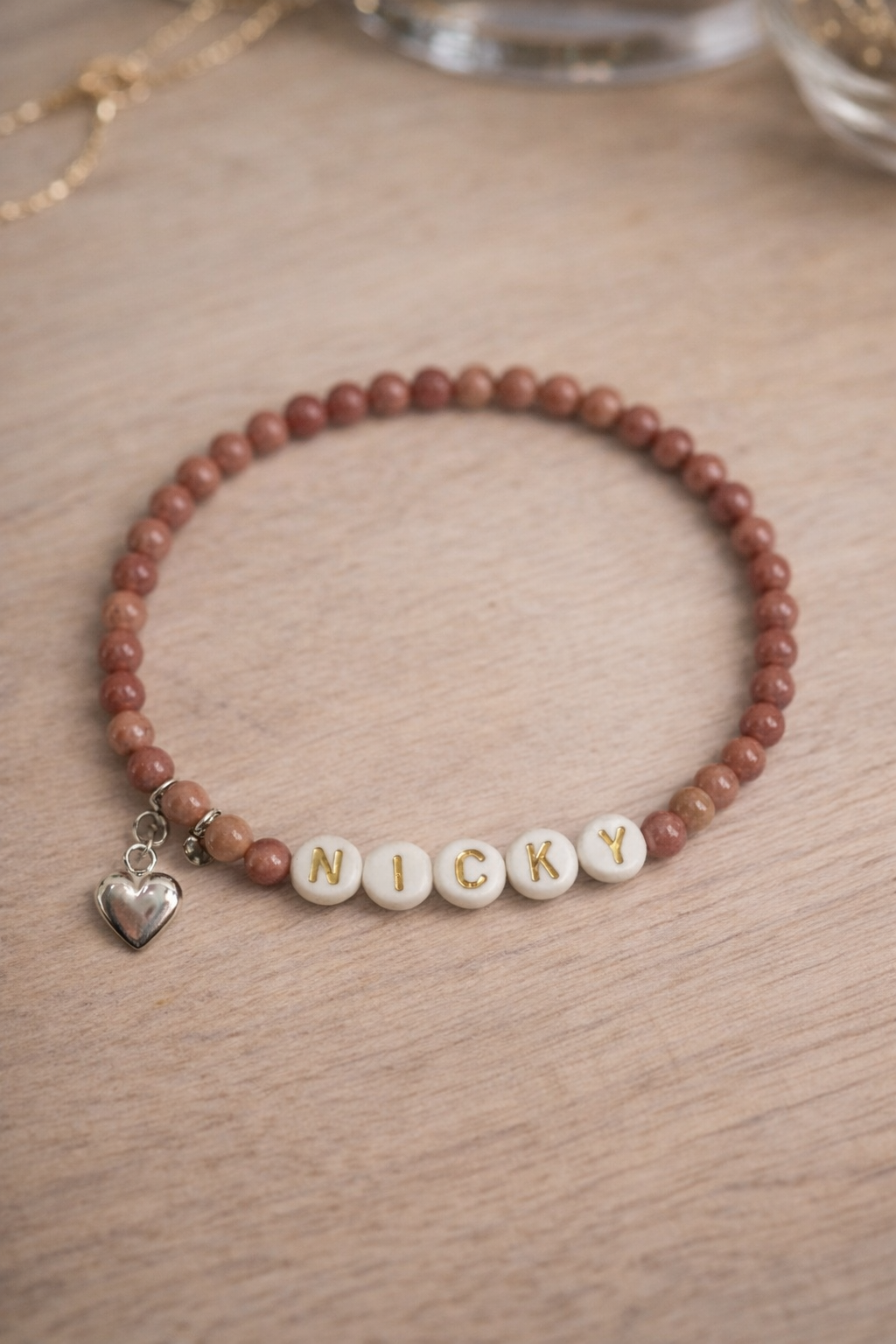 Personalized Sterling Silver and Rhodonite Bracelet with Heart Charm