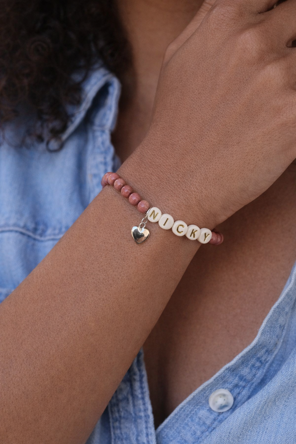 Personalized Sterling Silver and Rhodonite Bracelet with Heart Charm