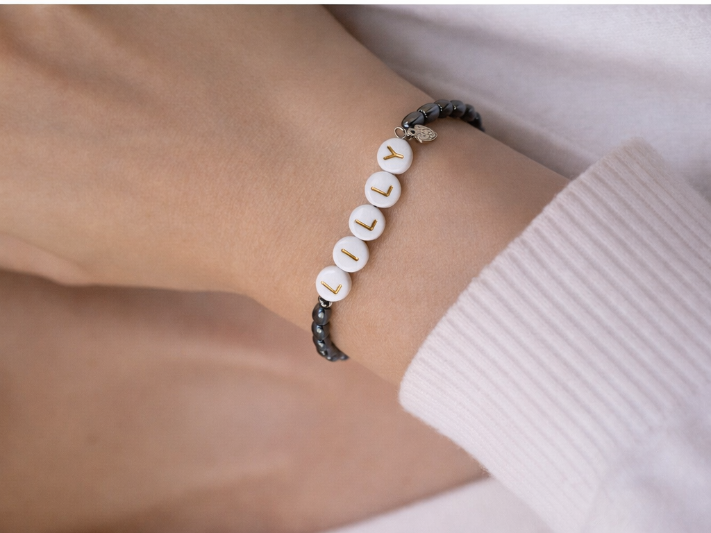 Personalized Name Bracelet in Hematite and Sterling Silver