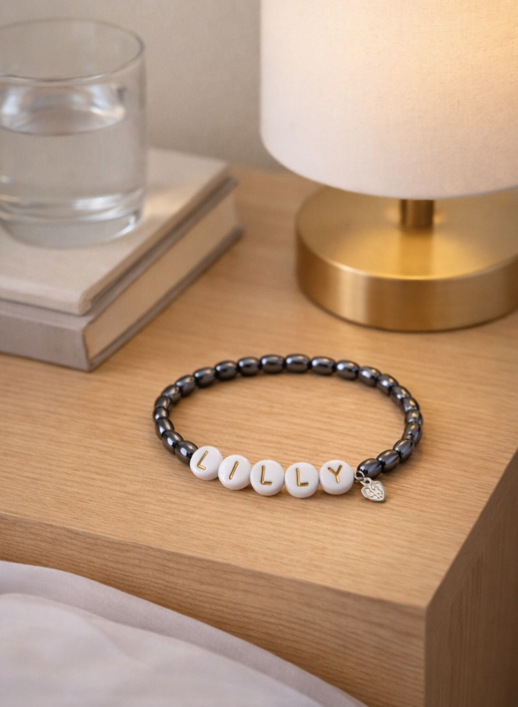 Personalized Name Bracelet in Hematite and Sterling Silver