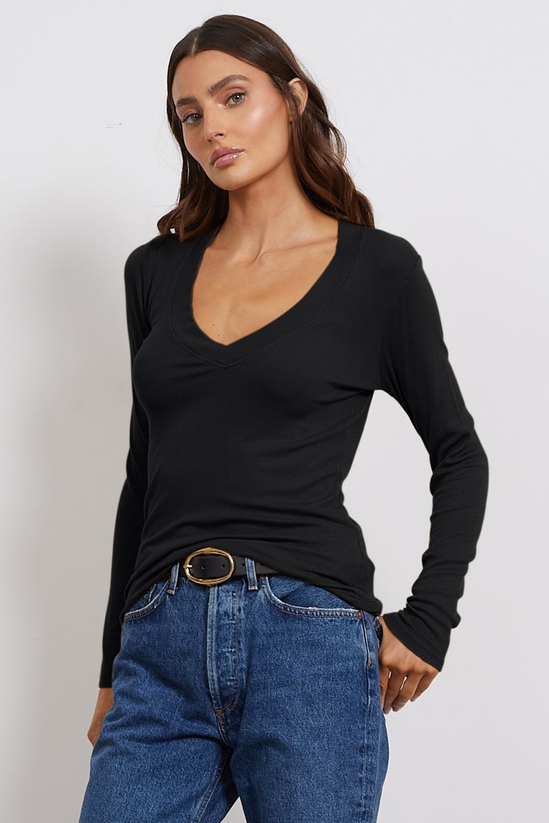 Surina Deep V Neck Long Sleeve Ribbed Tee