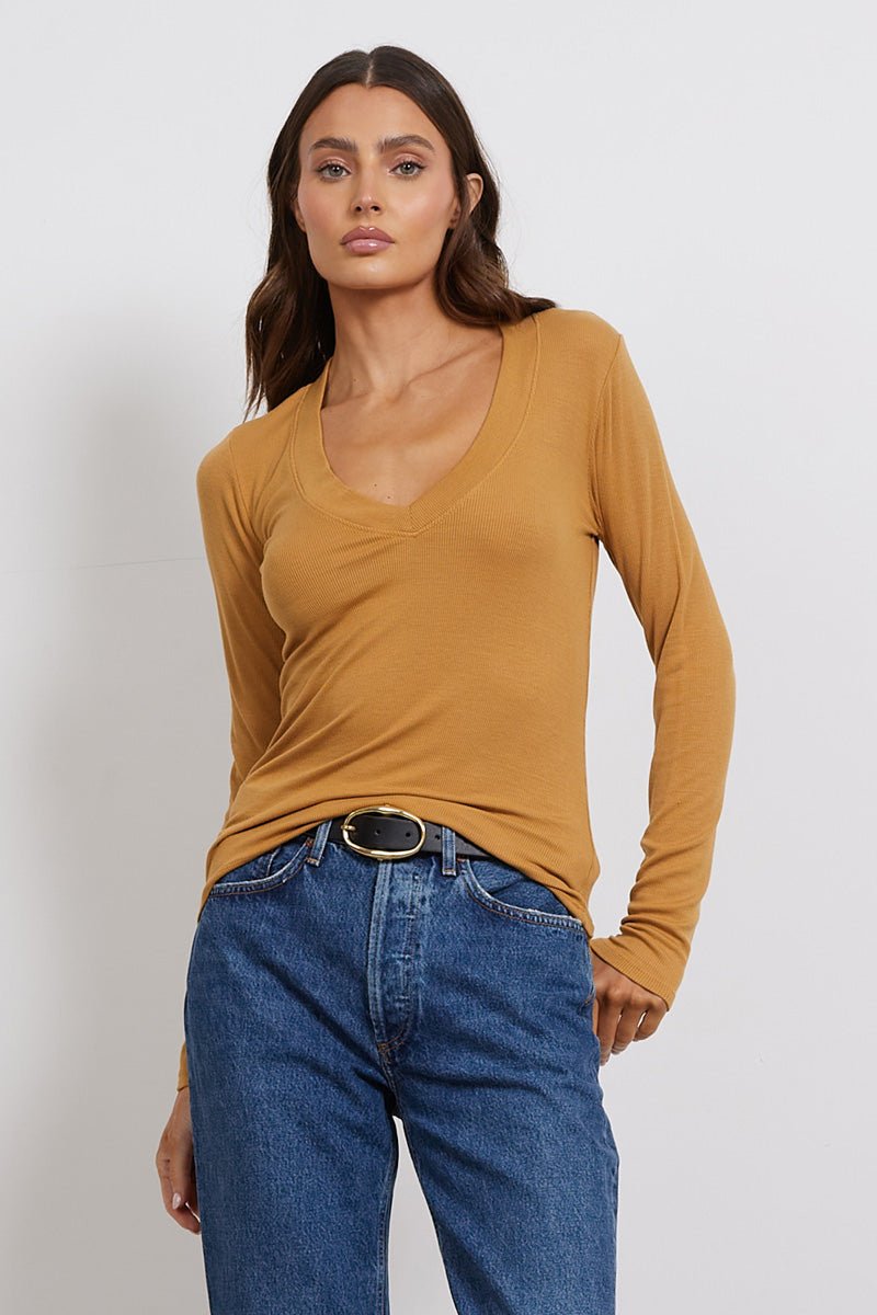 Surina Deep V Neck Long Sleeve Ribbed Tee
