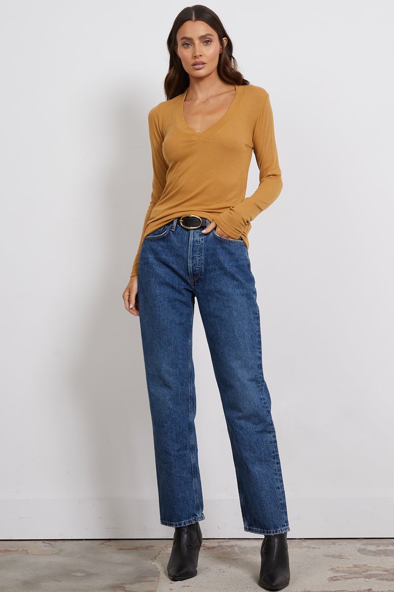 Surina Deep V Neck Long Sleeve Ribbed Tee