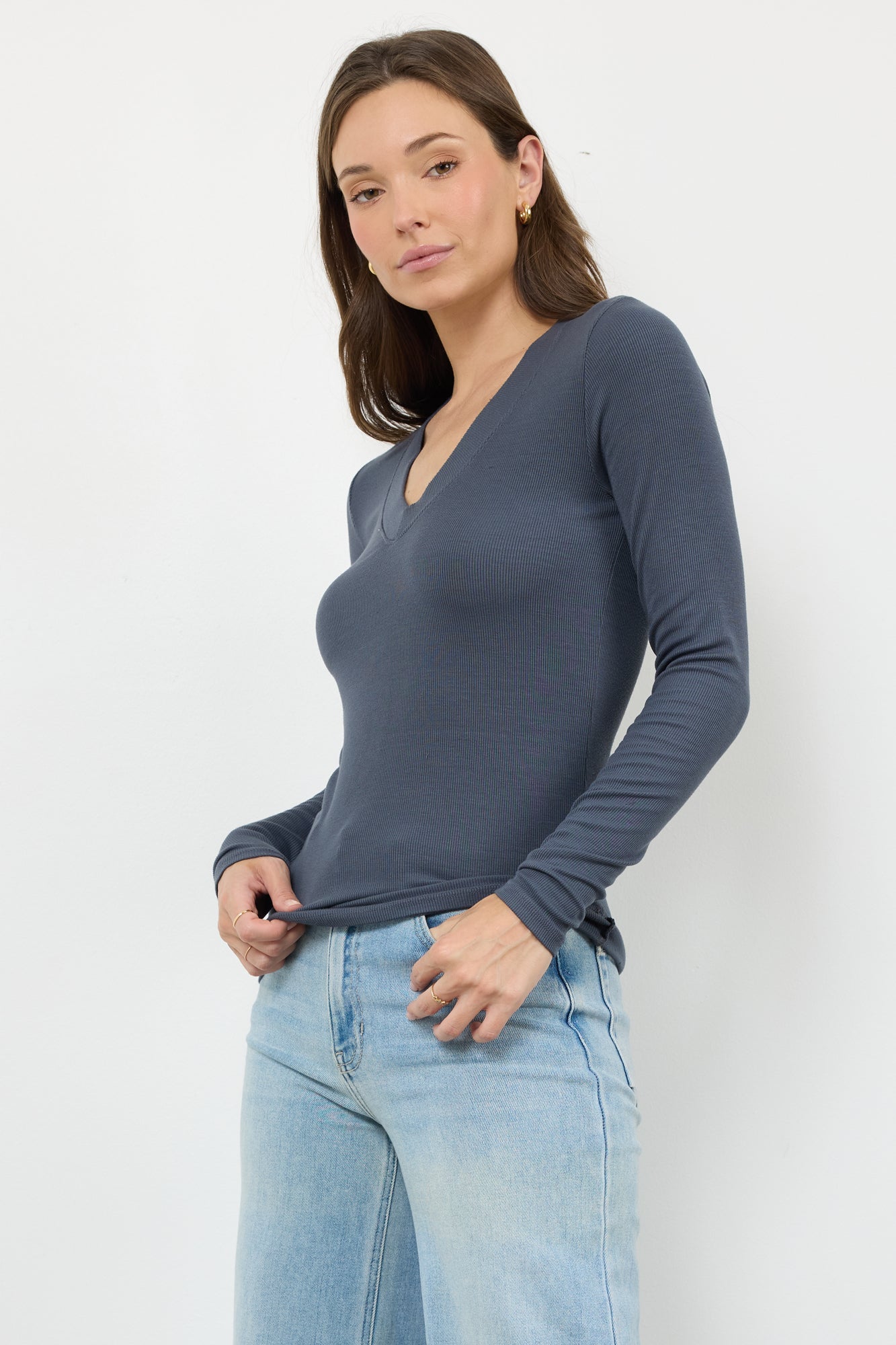 Surina Deep V Neck Long Sleeve Ribbed Tee