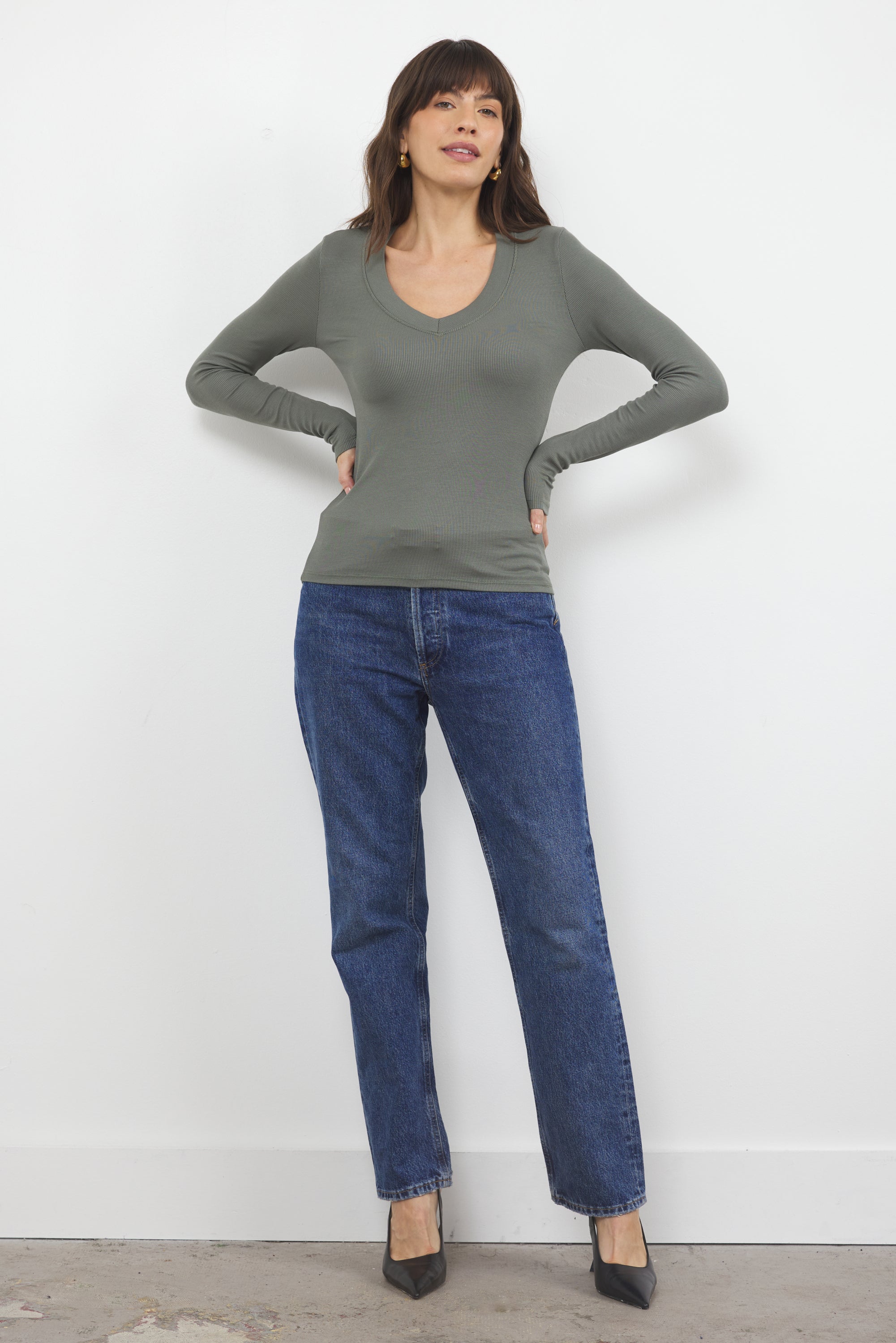 Surina Deep V Neck Long Sleeve Ribbed Tee