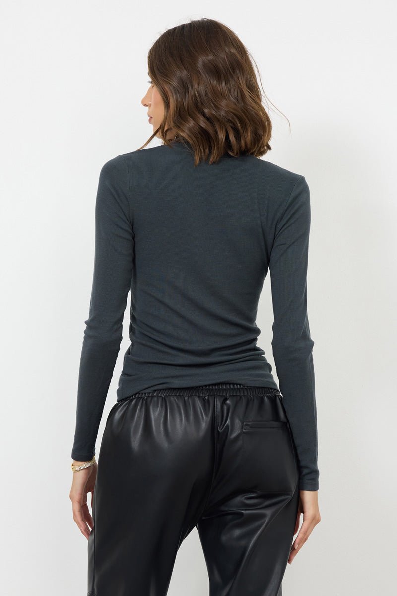Surina Deep V Neck Long Sleeve Ribbed Tee