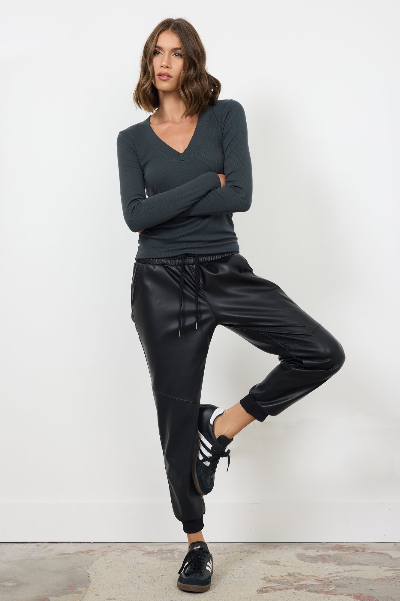 Surina Deep V Neck Long Sleeve Ribbed Tee