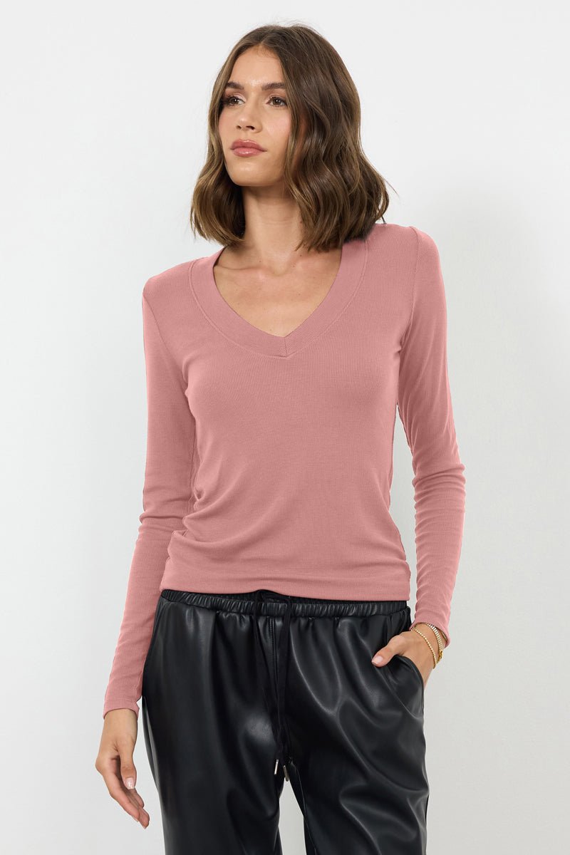 Surina Deep V Neck Long Sleeve Ribbed Tee