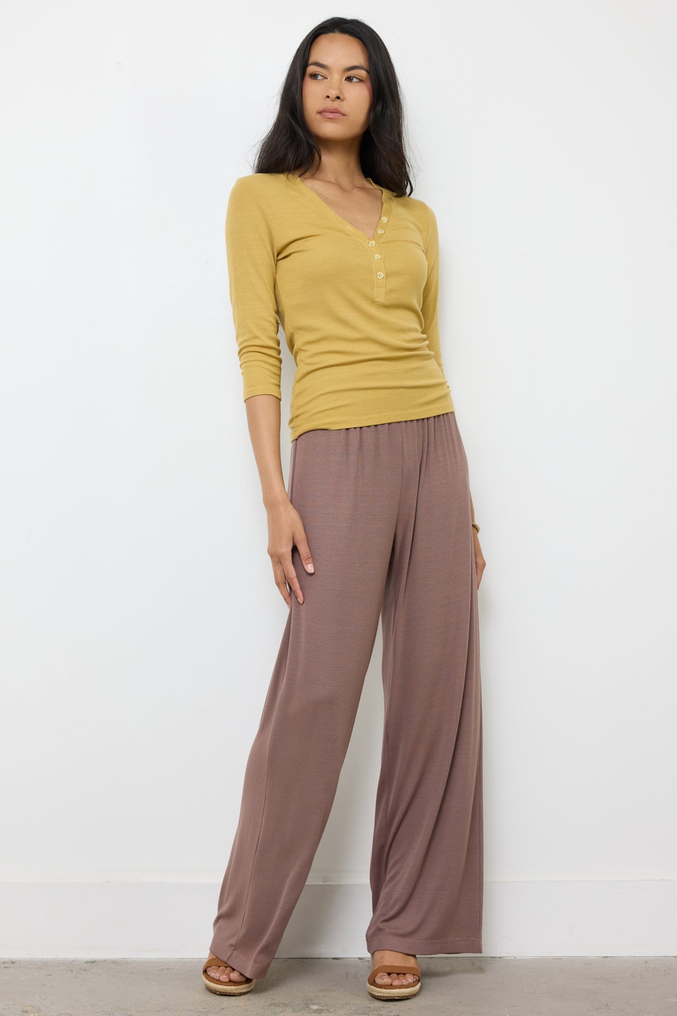 Ribbed V Neck Henley - 3/4 Sleeve Modal