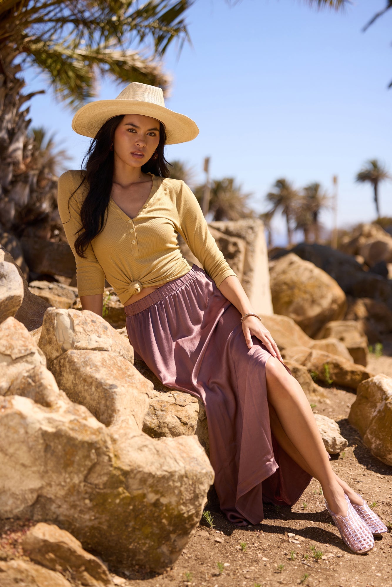 Ribbed V Neck Henley - 3/4 Sleeve Modal