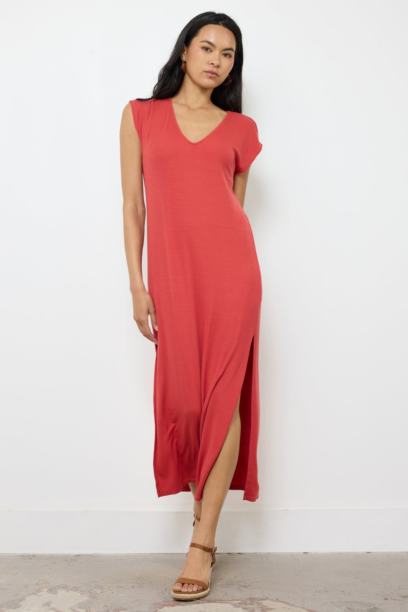 V Neck Maxi Dress - High Slit Modal Rib