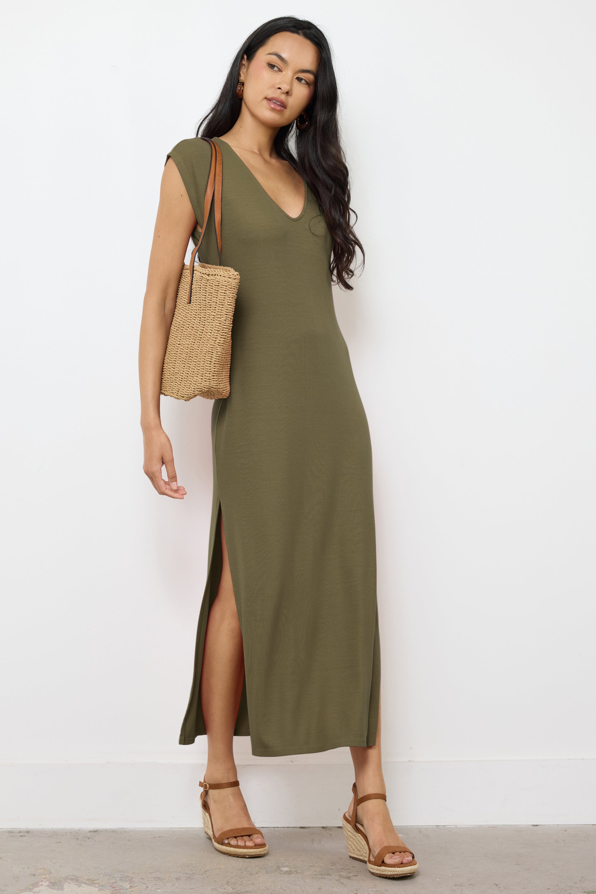 V Neck Maxi Dress - High Slit Modal Rib