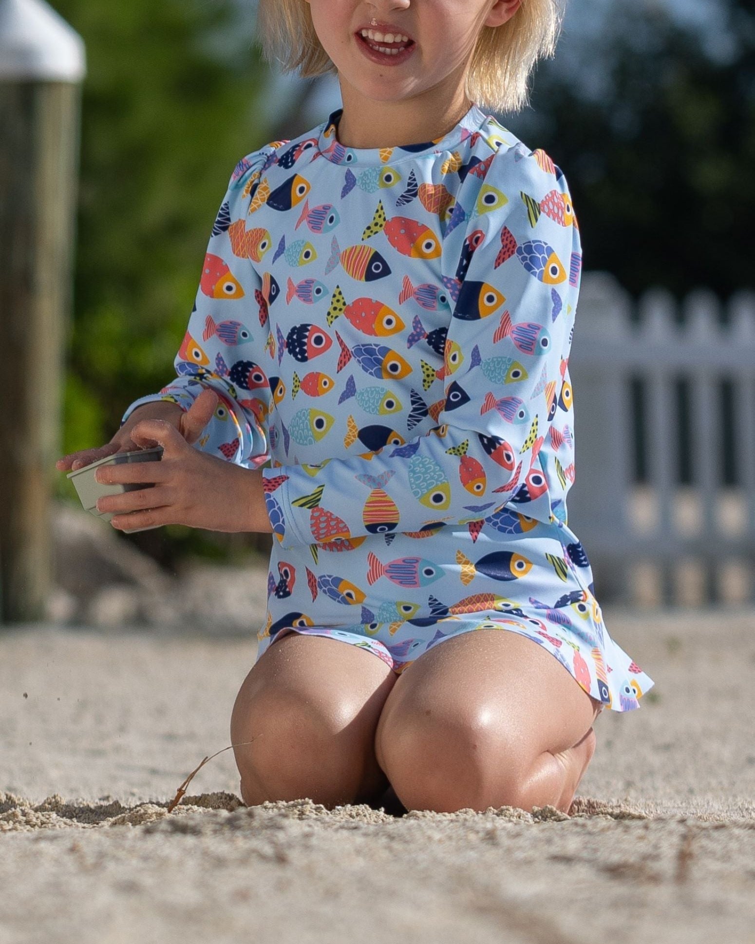 Girls Colorful Fish Sun Shirt and Coral Swim Bottom Set
