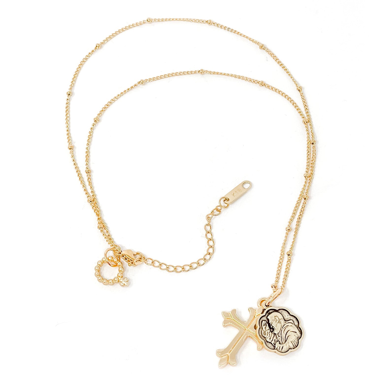 18" Non-Tarnish Beaded Station Chain with St. Padre Pio & Fleur Cross