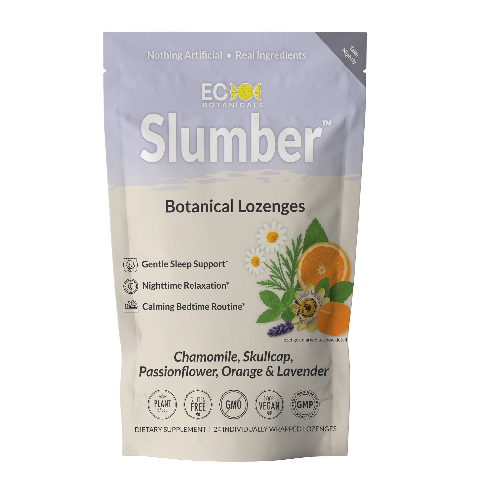Slumber™ Botanical Lozenges – Relaxation & Restful Sleep Support – Organic Chamomile, Skullcap, Passionflower, Lavender & Orange – Gluten-Free, Non-GMO, Vegan*