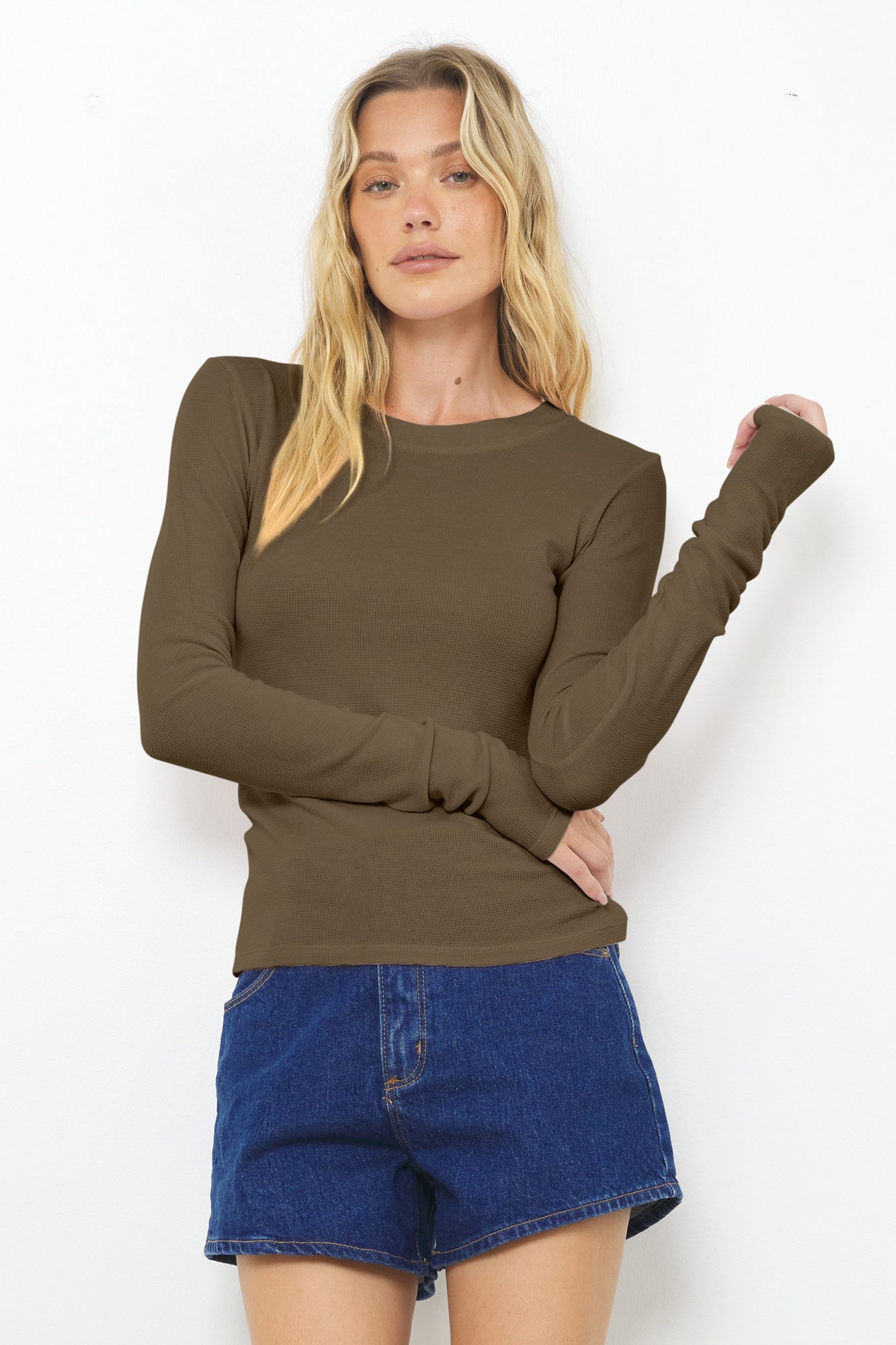 Classic Long Sleeve Lightweight Waffle Knit Top