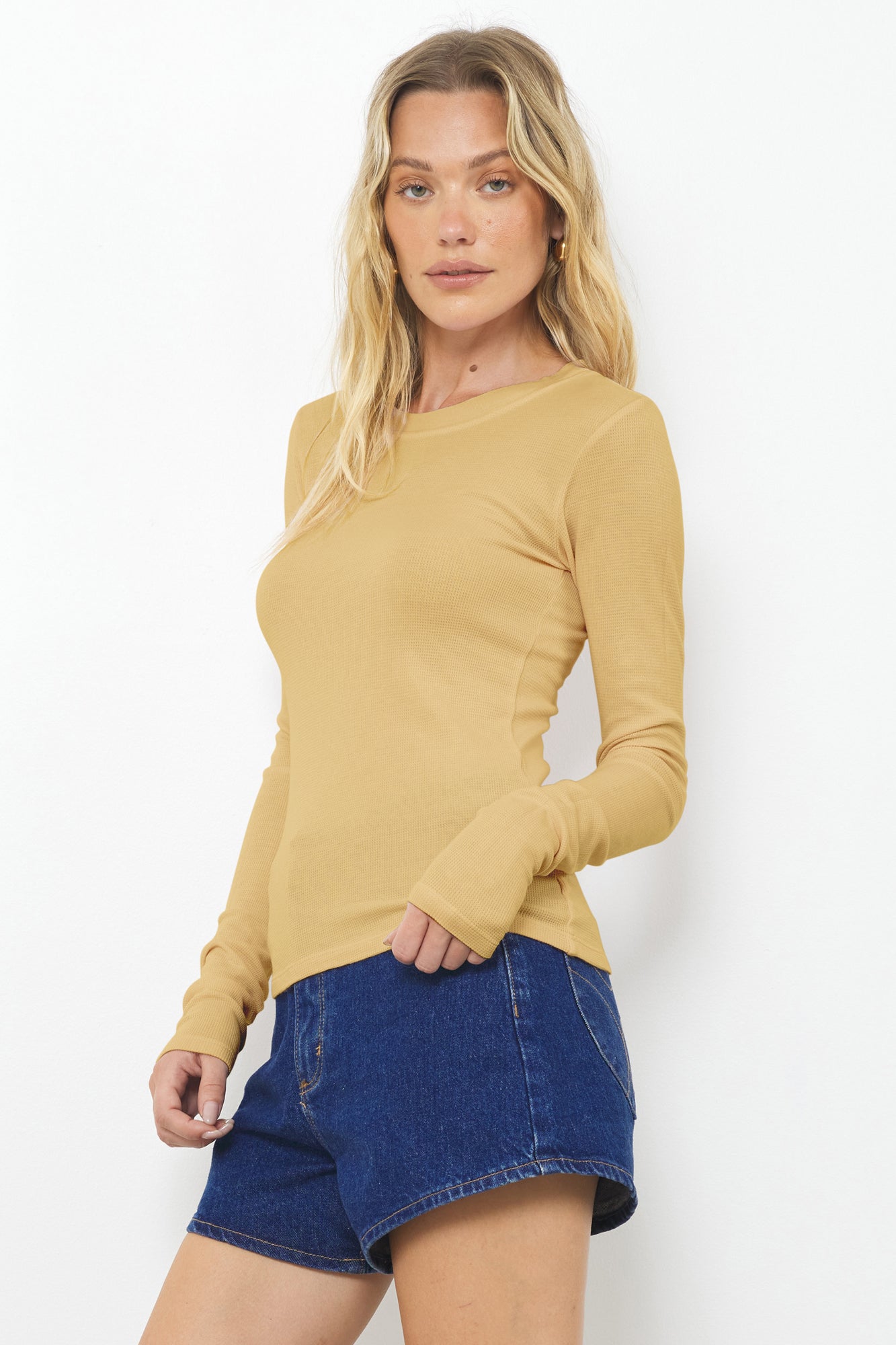 Classic Long Sleeve Lightweight Waffle Knit Top