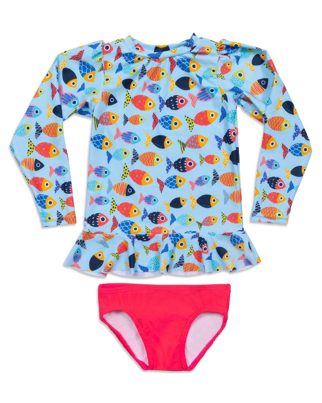 Girls Colorful Fish Sun Shirt and Coral Swim Bottom Set