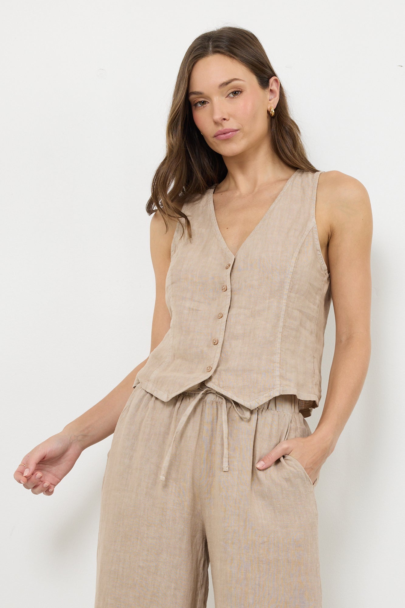 Woven Linen Open Front Vest