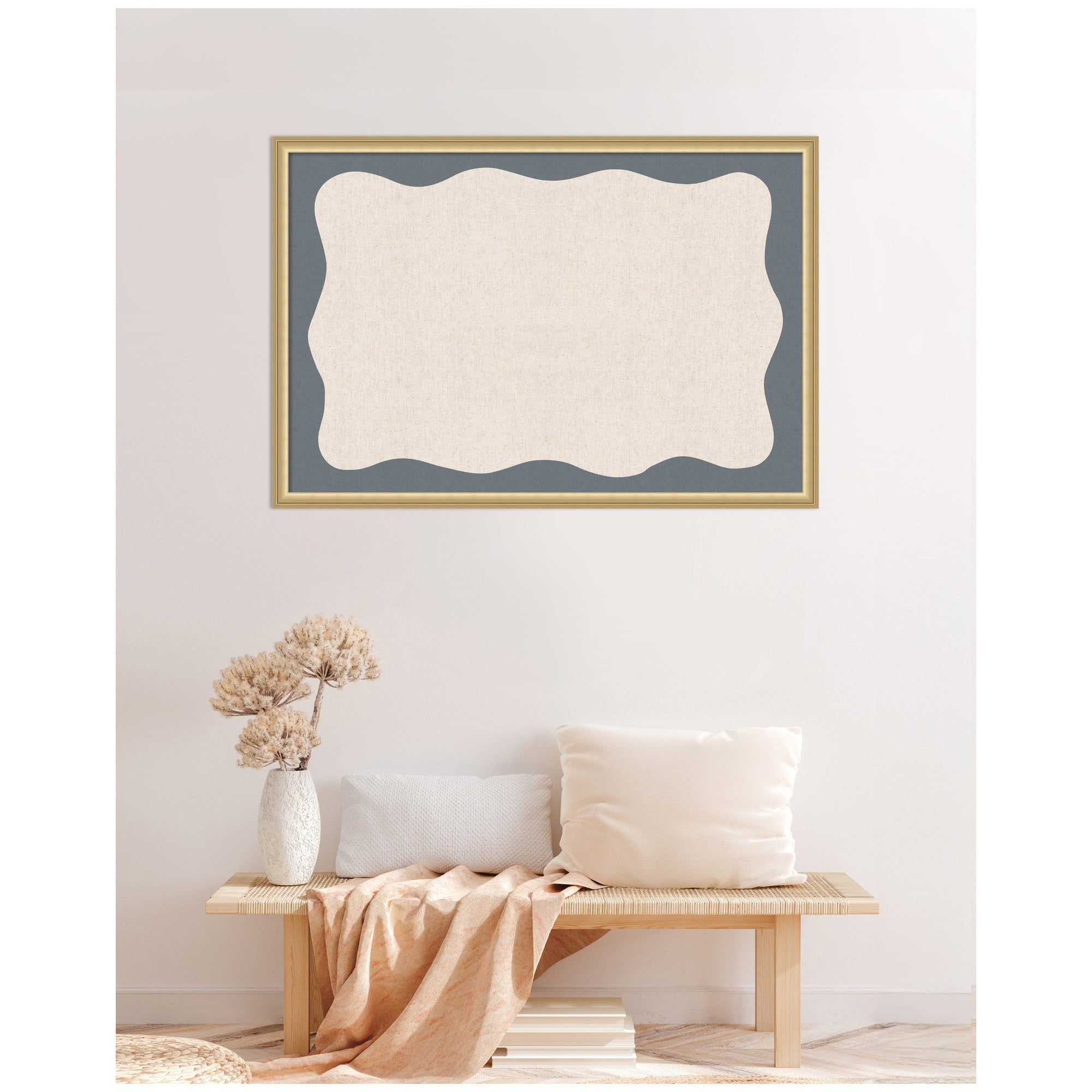 Framed Fabric Pinboard Wavy Linen and Smokey Blue Wall Organization