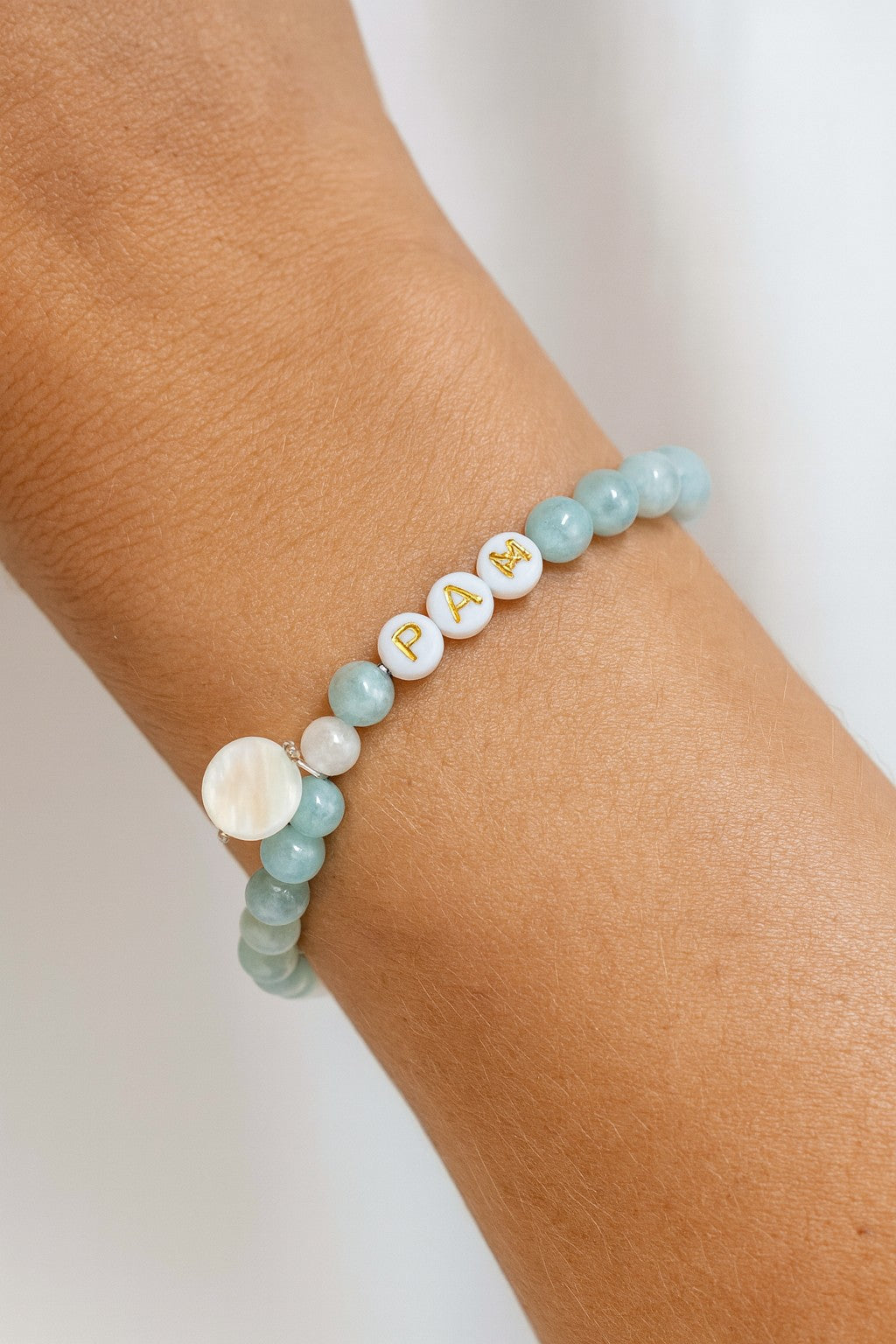Personalized Aqua Amazonite with Pearl Charm Bracelet
