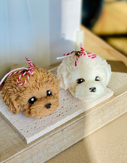 Cute Puppy Sculpture Candle – Hand-Poured Soy Wax | Ivory, Brown & Pink