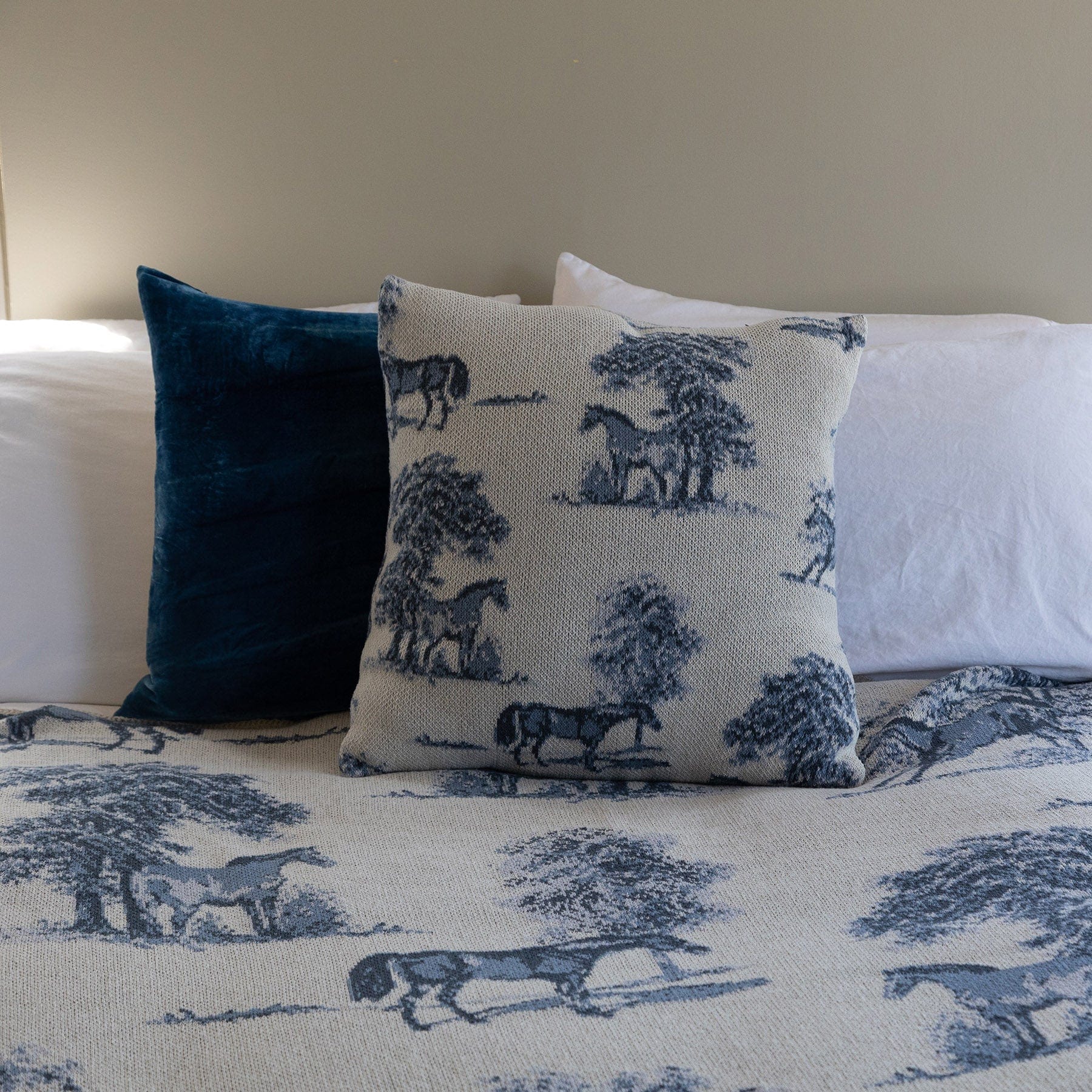 Sustainable Knit Pillow - Equestrian Toile Design