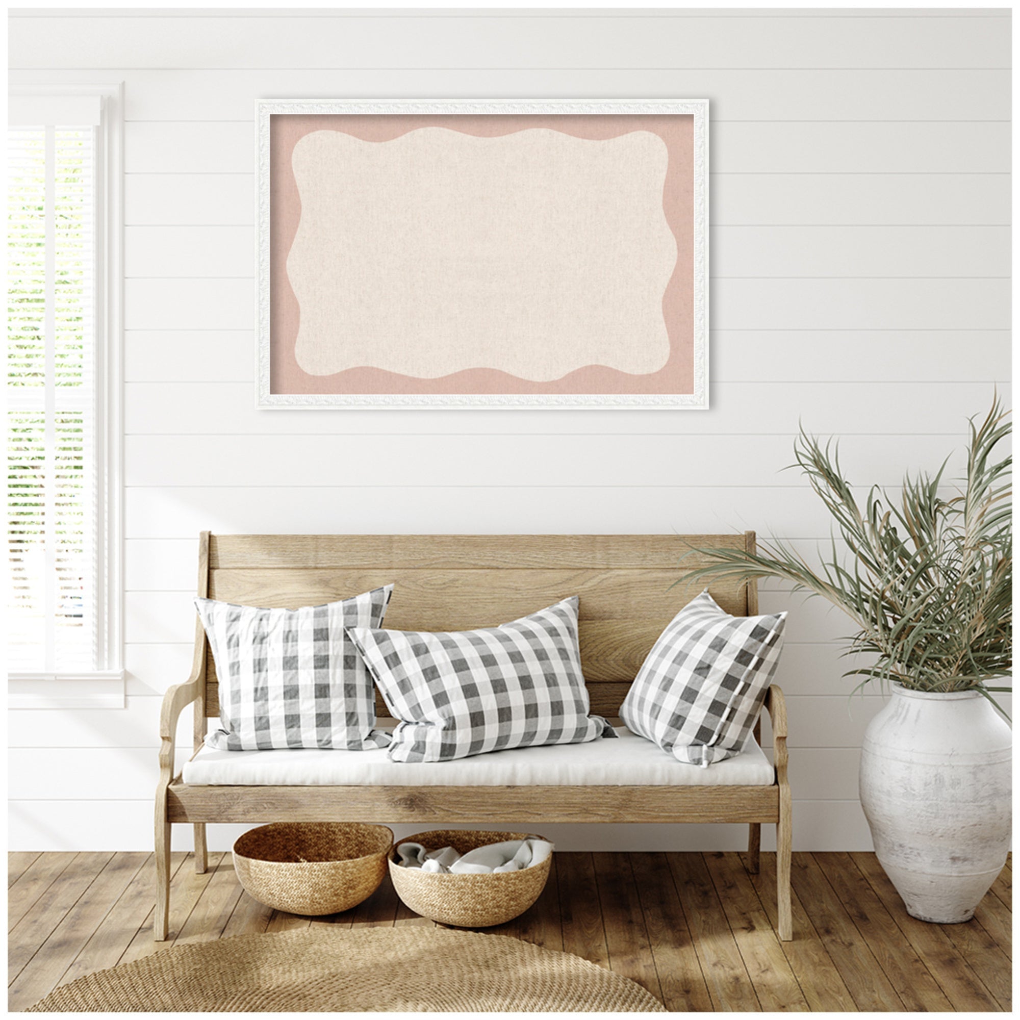 Framed Fabric Pinboard Wavy Linen Light and Pink Wall Organization