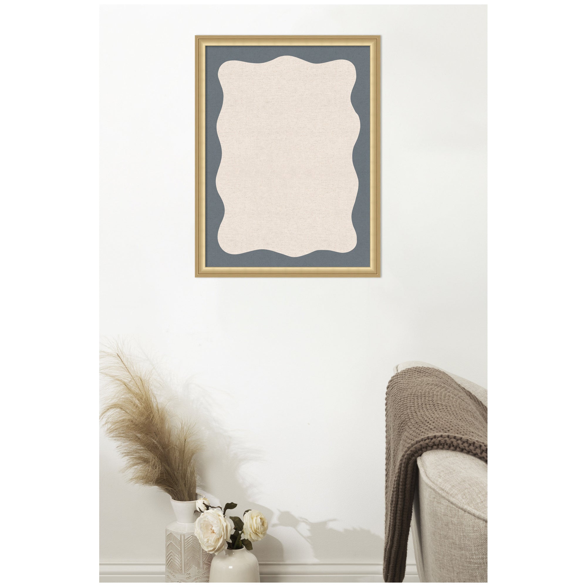 Framed Fabric Pinboard Wavy Linen and Smokey Blue Wall Organization