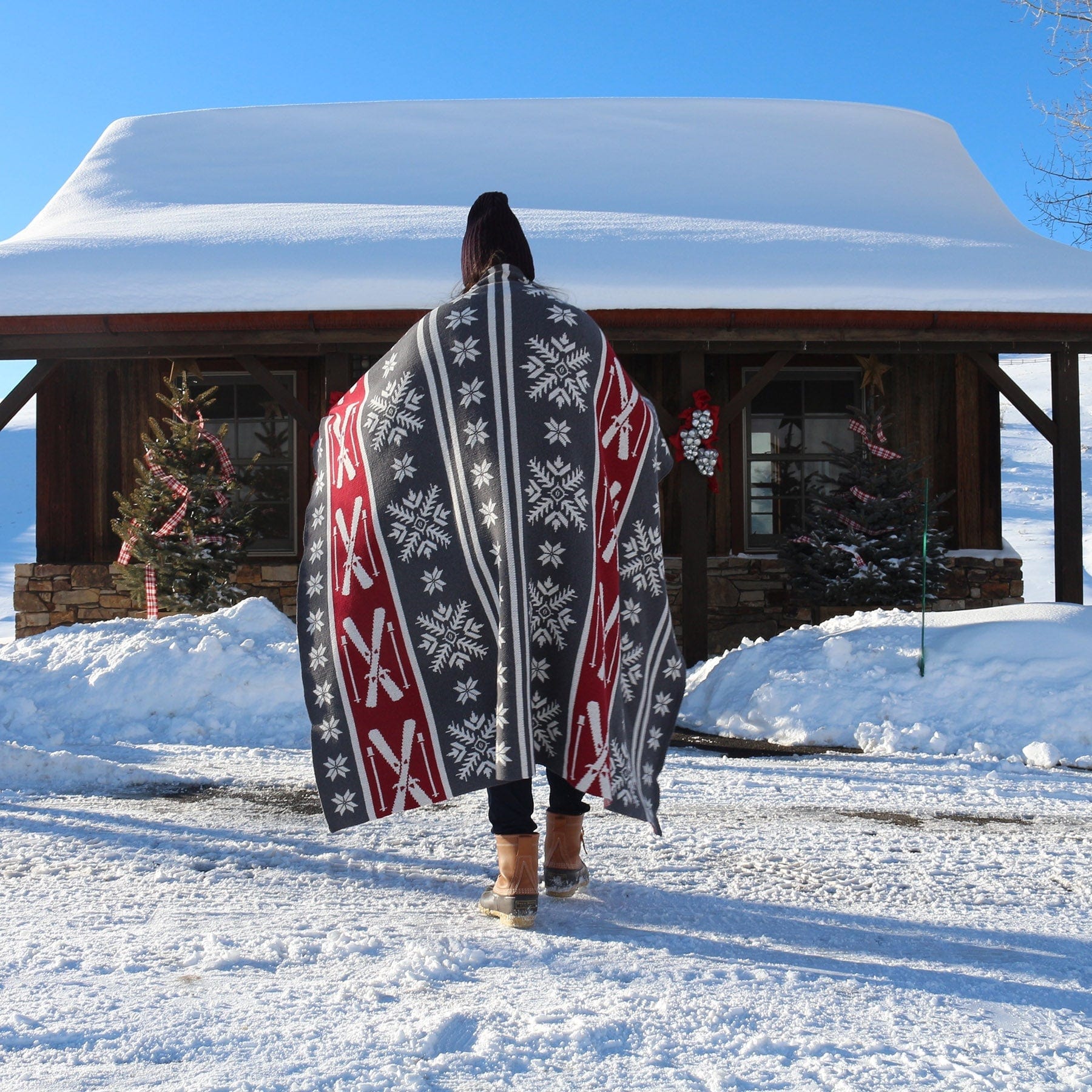 Cotton Sustainable Knit Throw Blanket | Winter Holiday Gift- Fair Isle with Skis