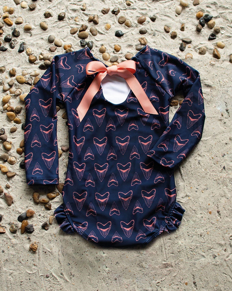 Girls Shark Bite Long Sleeve UPF 50 One Piece Swimsuit