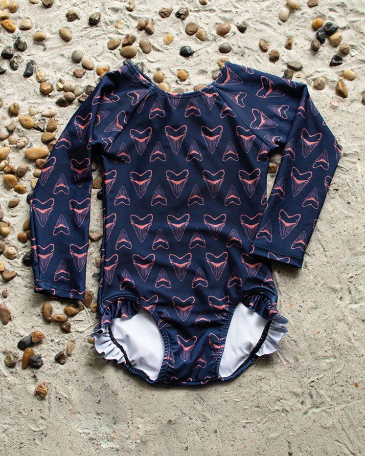 Girls Shark Bite Long Sleeve UPF 50 One Piece Swimsuit