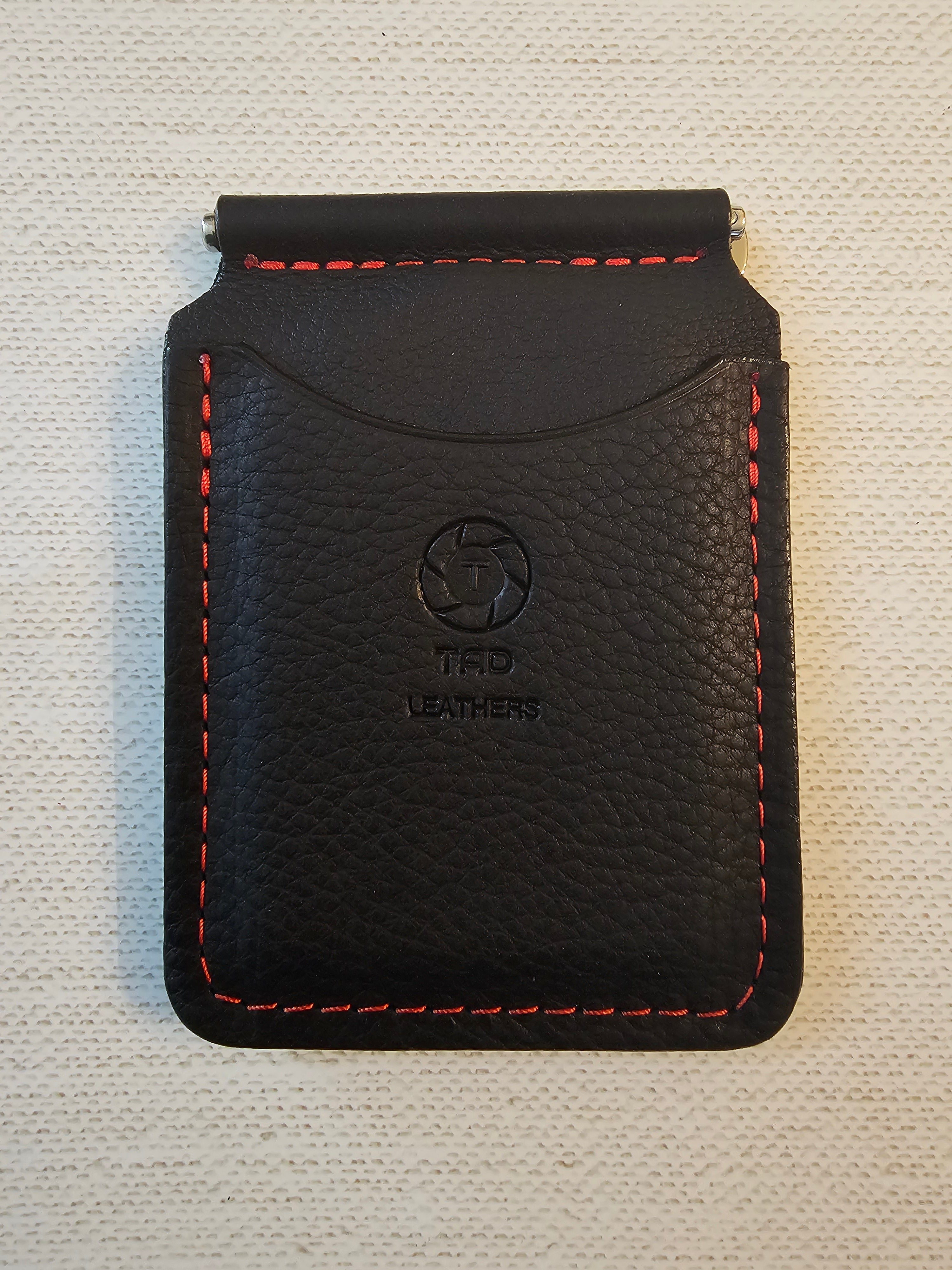 Leather Money Clip Wallet - Black/Red Stitching