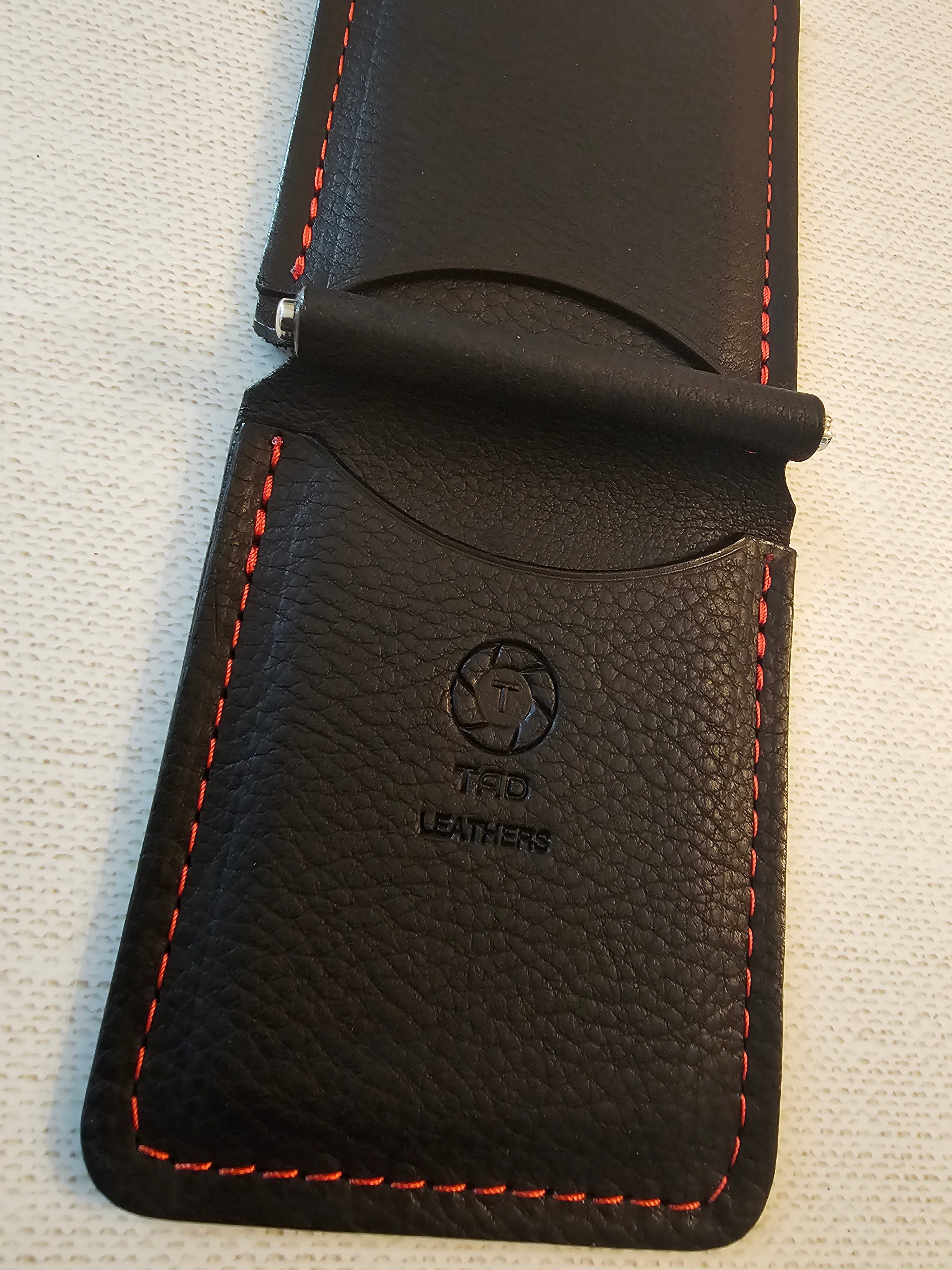 Leather Money Clip Wallet - Black/Red Stitching