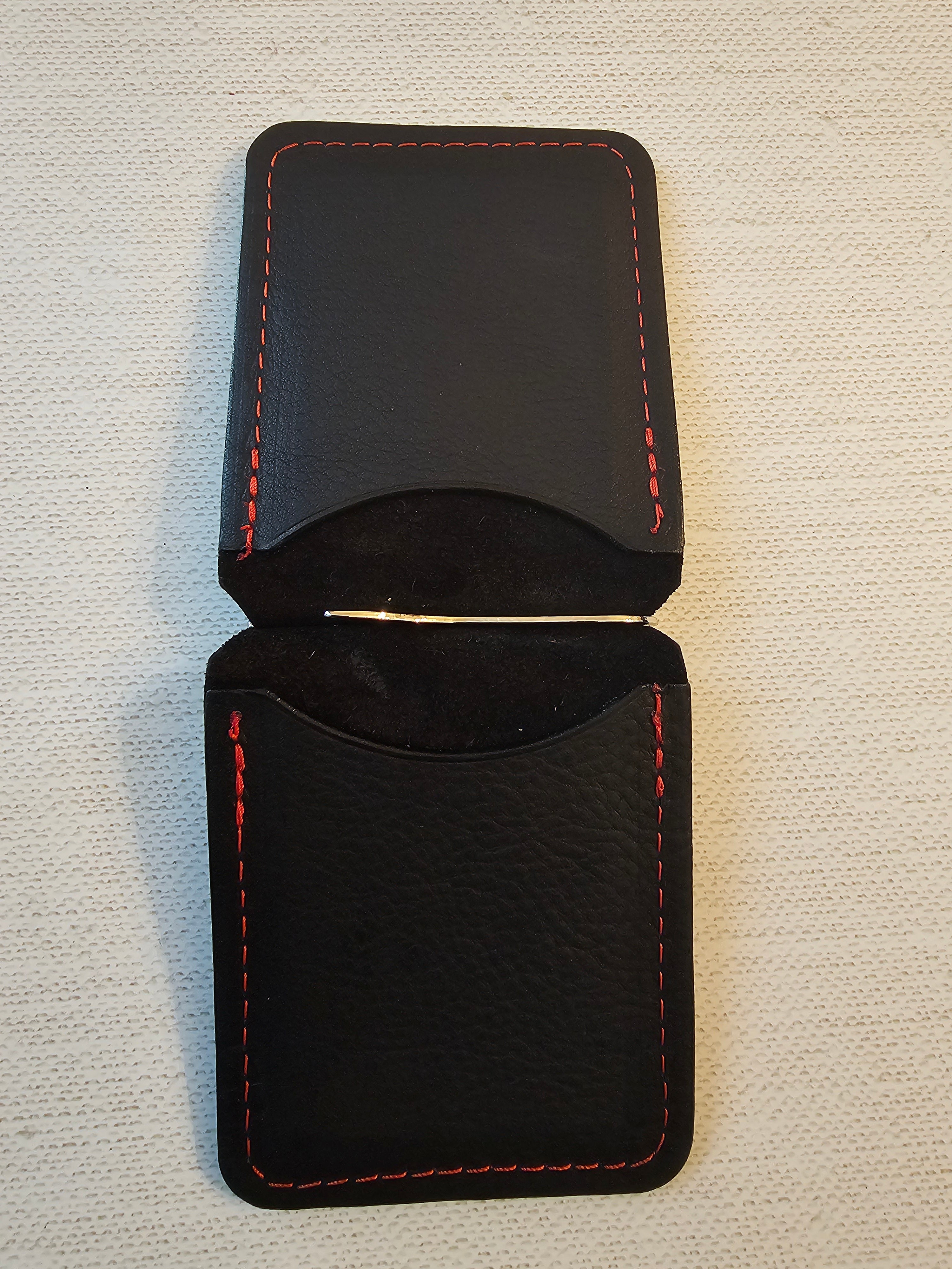 Leather Money Clip Wallet - Black/Red Stitching