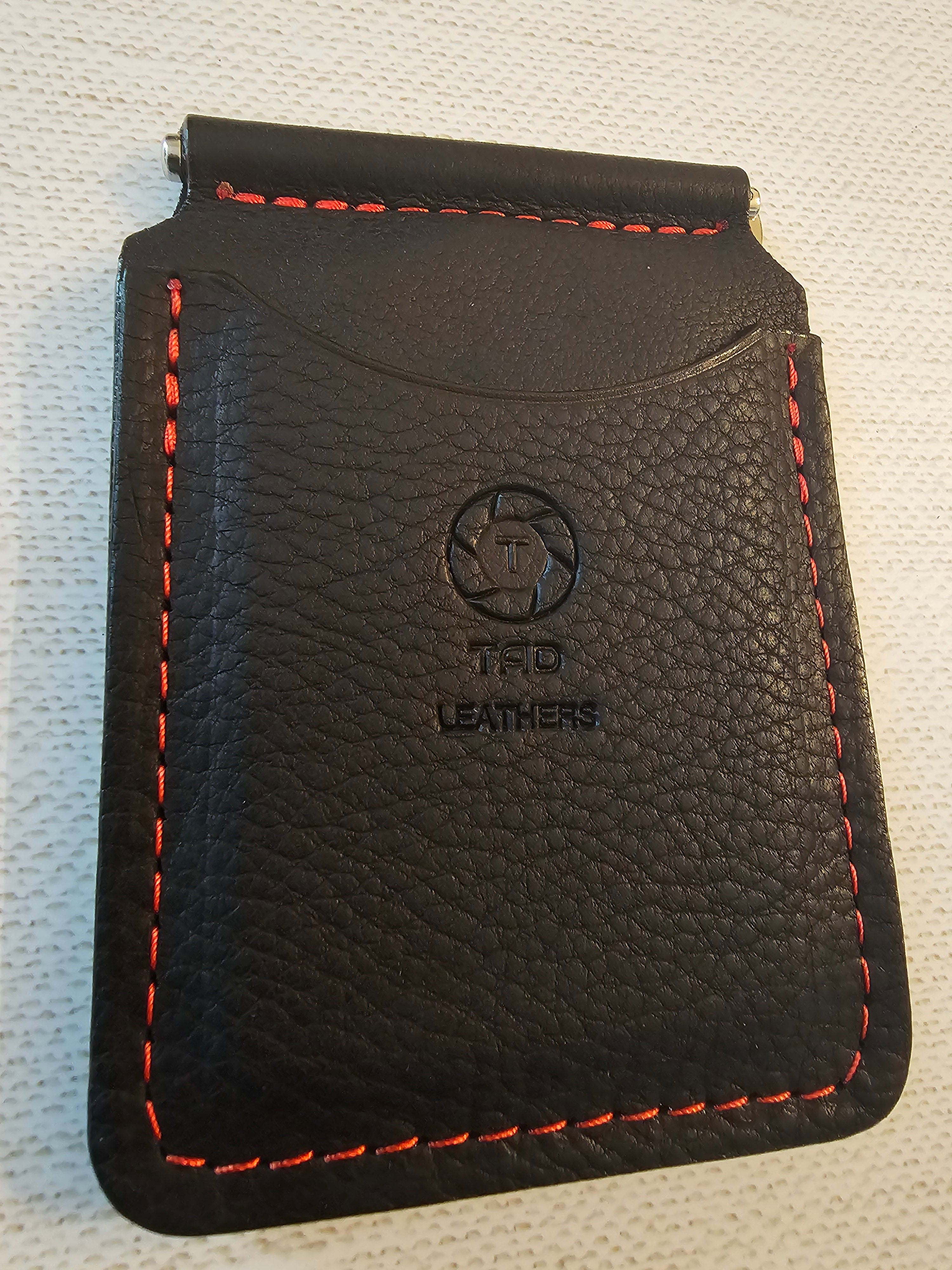 Leather Money Clip Wallet - Black/Red Stitching