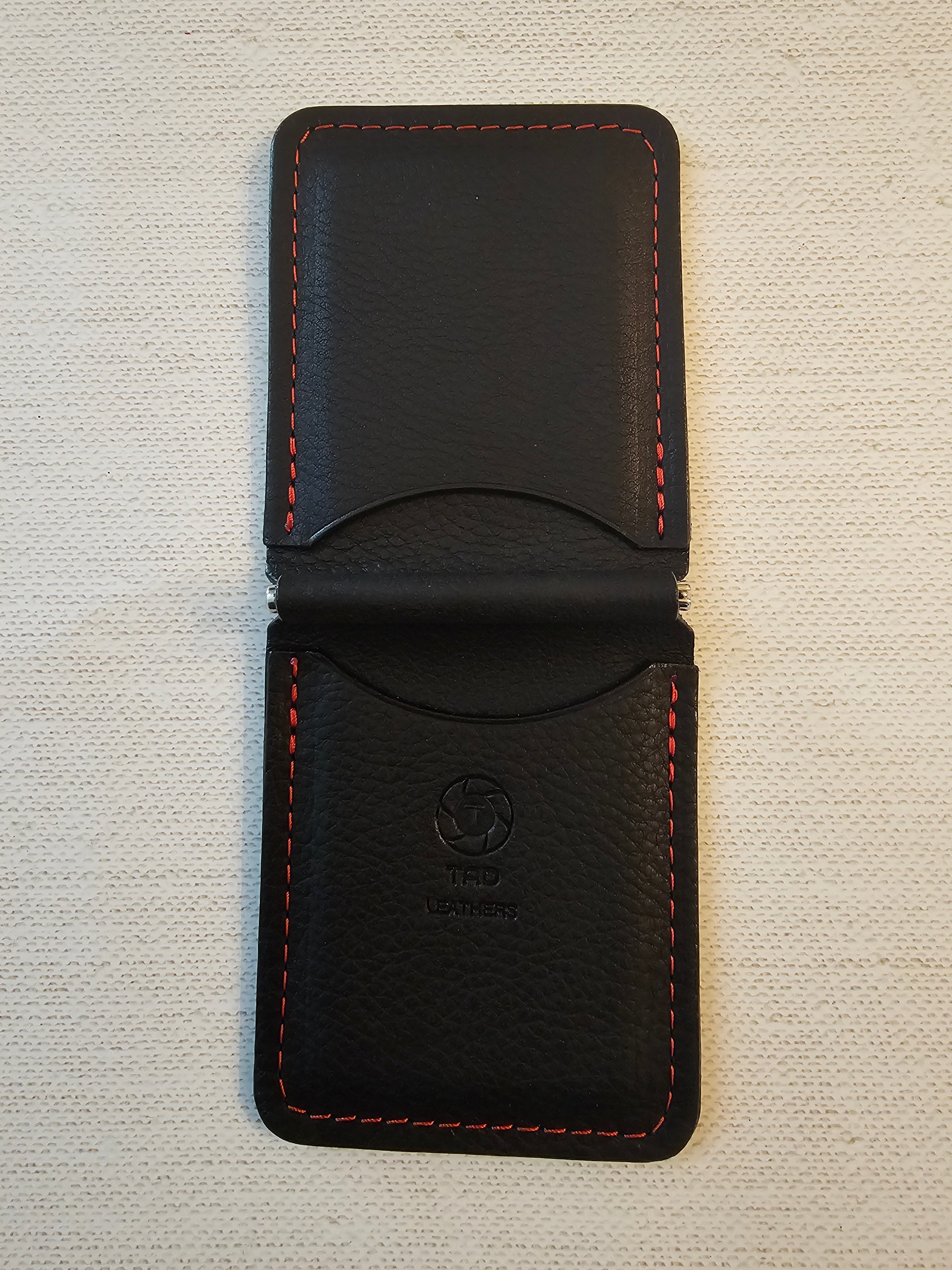 Leather Money Clip Wallet - Black/Red Stitching