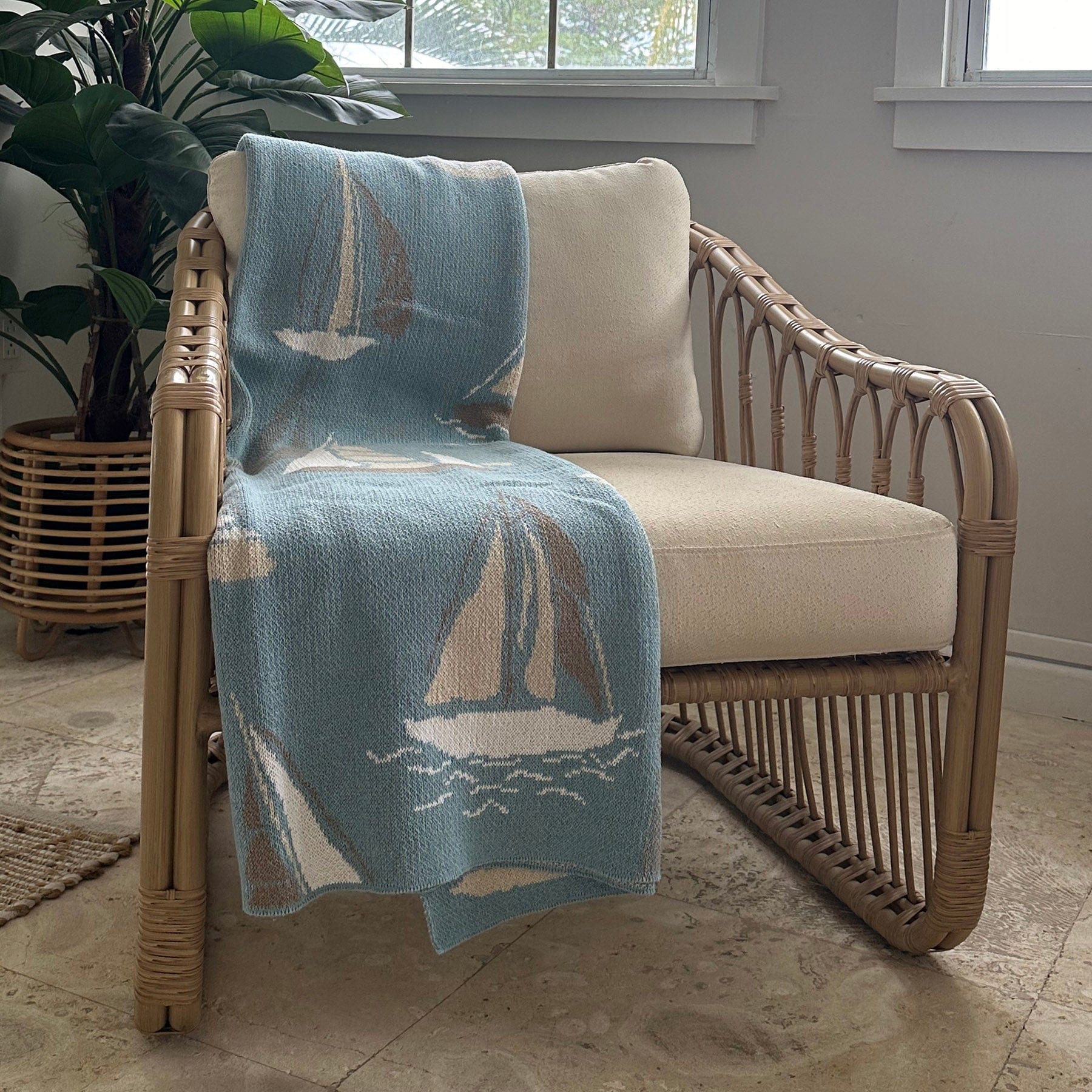 Cotton Sustainable Knit Throw Blanket | Sailboats