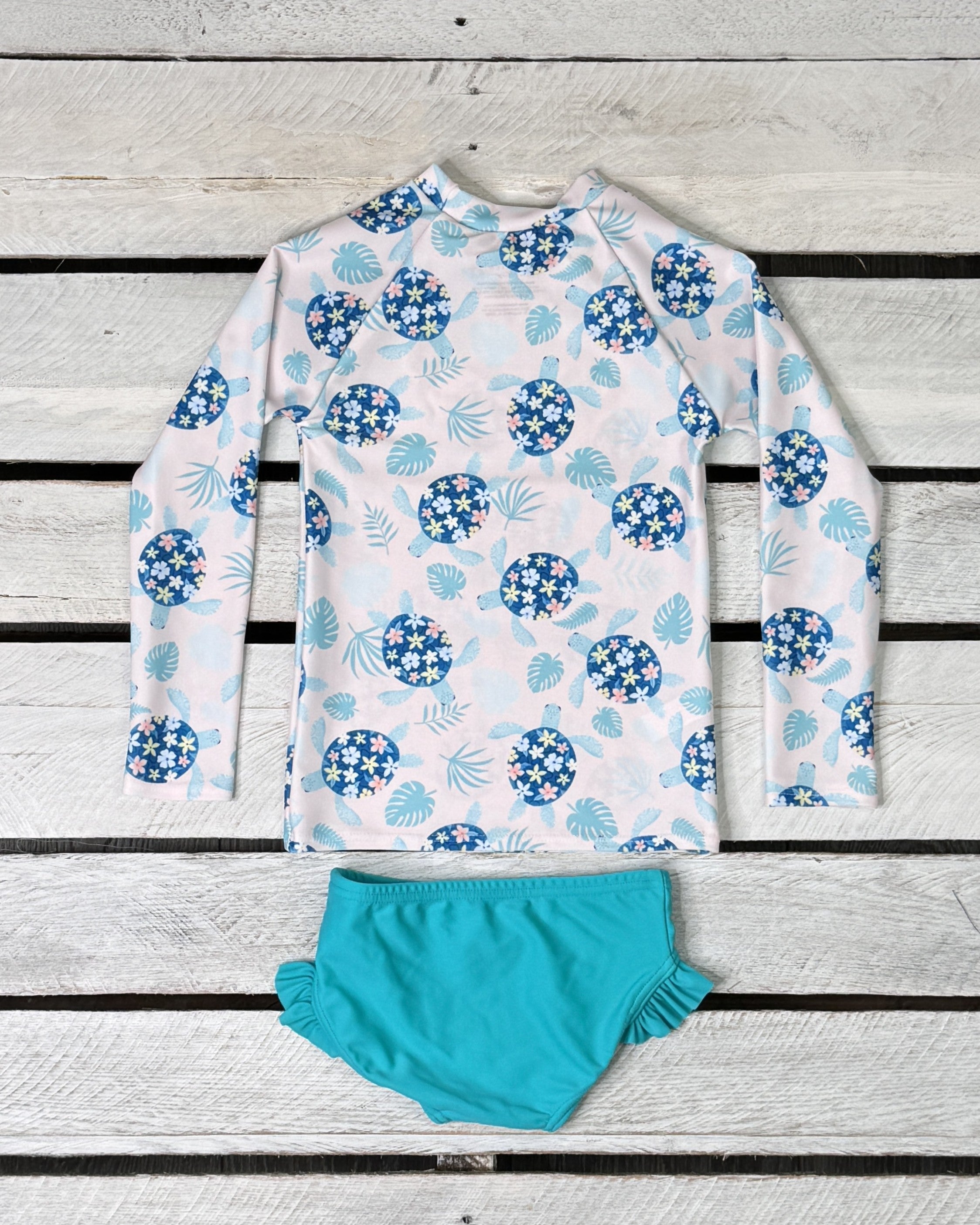Girls Turtley Cute UPF Sun Shirt & Ruffled Swim Bottom