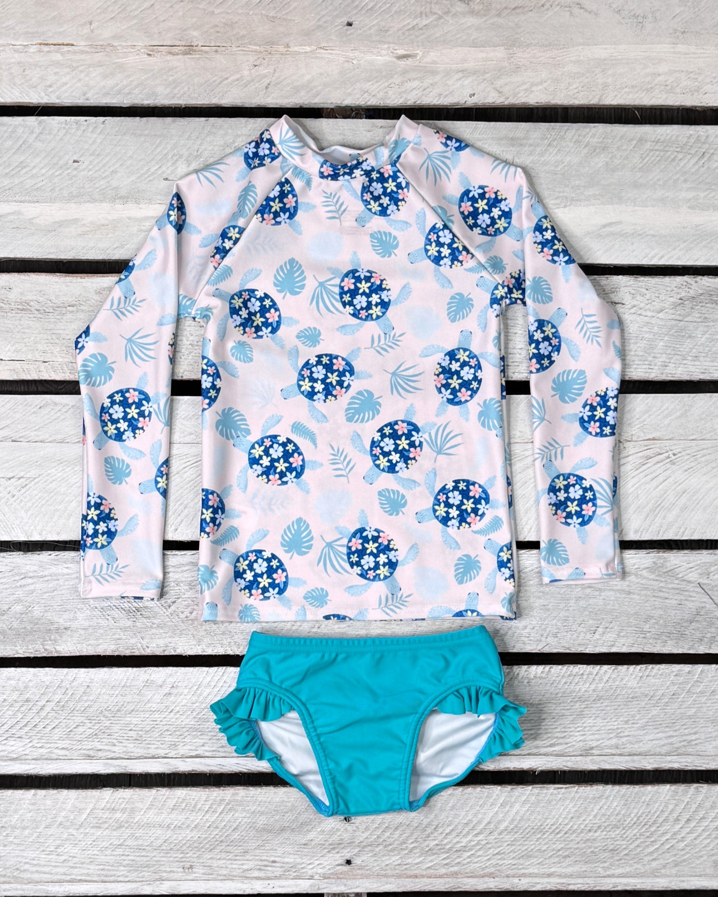 Girls Turtley Cute UPF Sun Shirt & Ruffled Swim Bottom