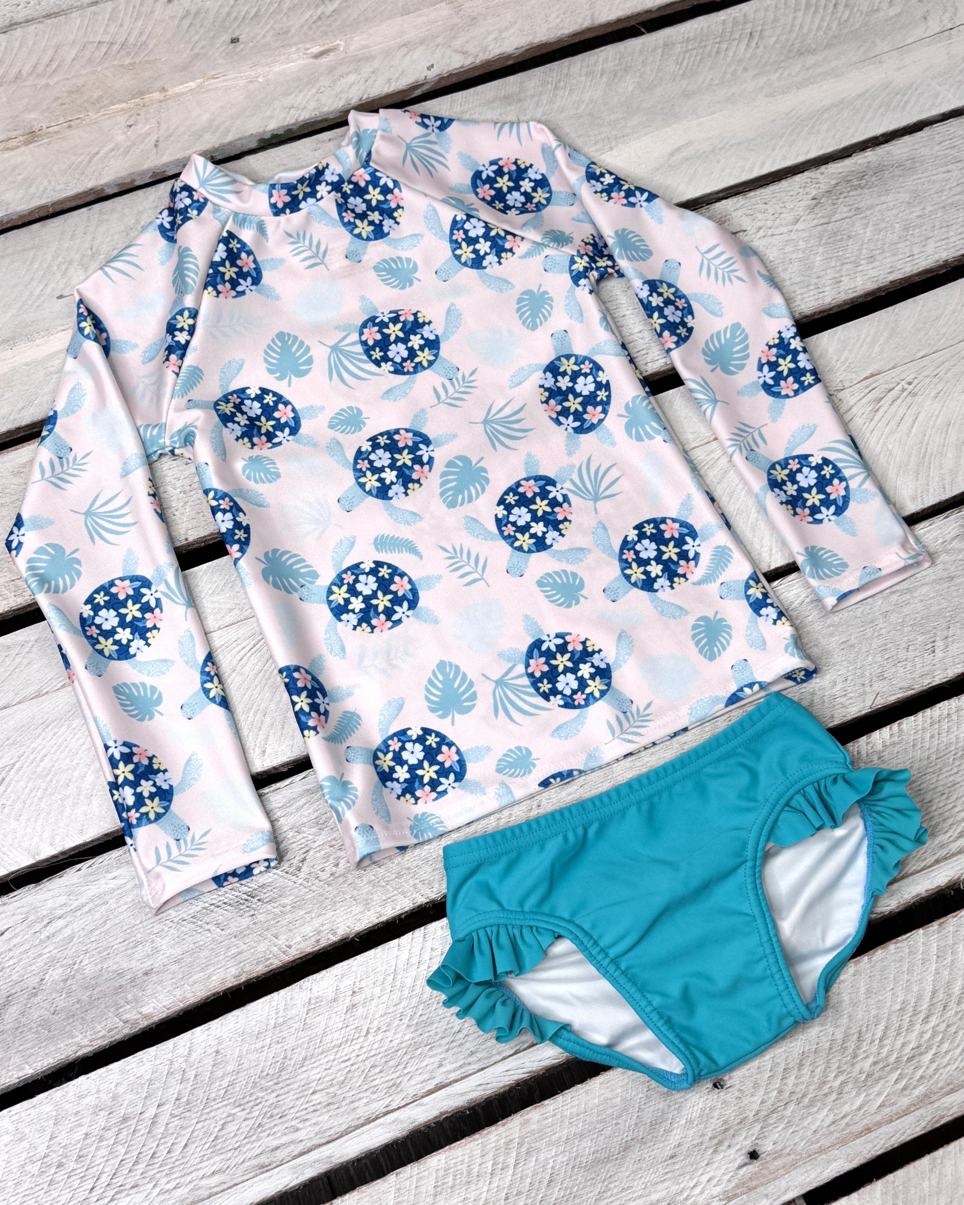 Girls Turtley Cute UPF Sun Shirt & Ruffled Swim Bottom