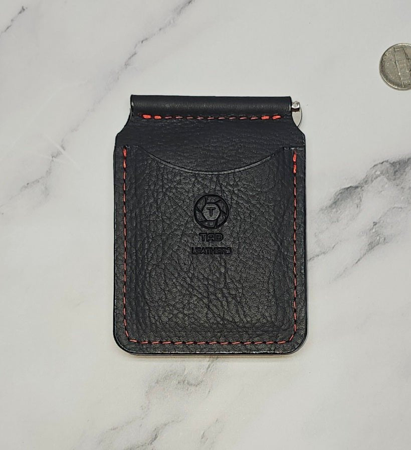 Leather Money Clip Wallet - Black/Red Stitching