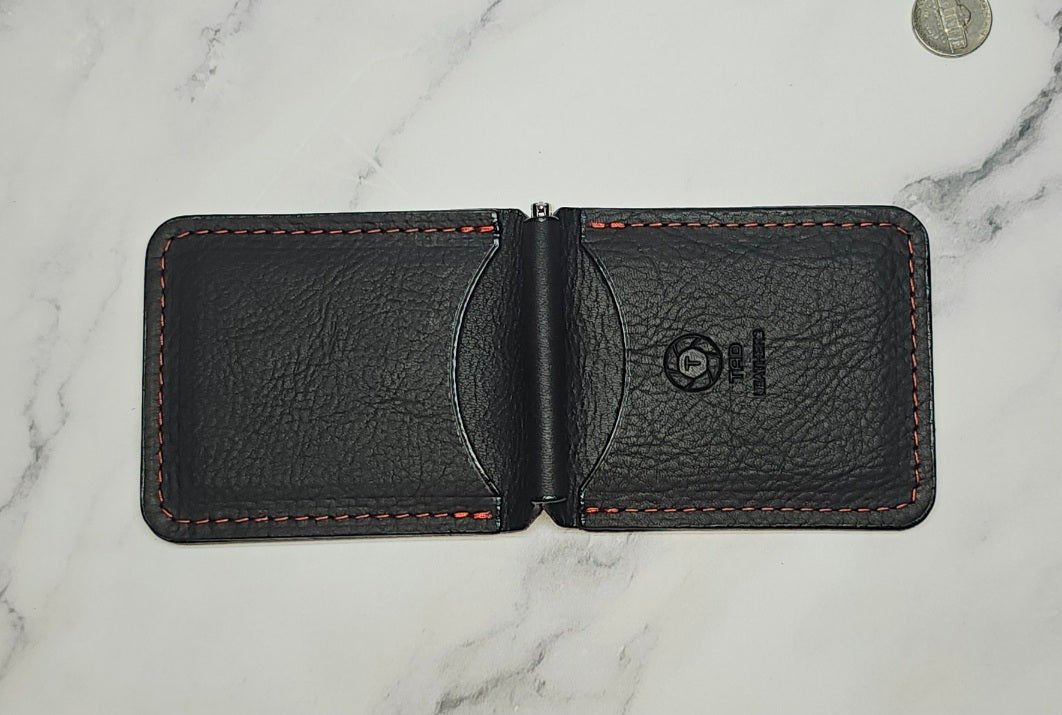 Leather Money Clip Wallet - Black/Red Stitching