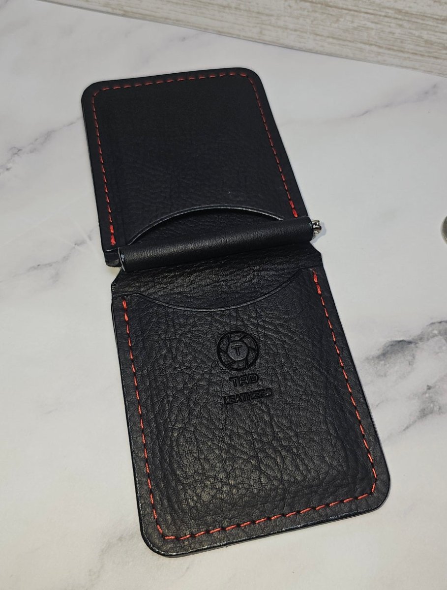 Leather Money Clip Wallet - Black/Red Stitching