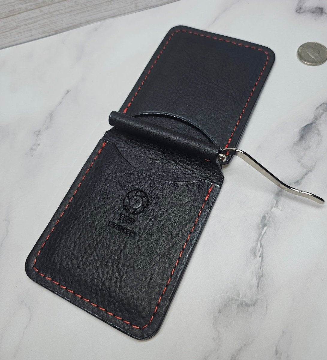 Leather Money Clip Wallet - Black/Red Stitching