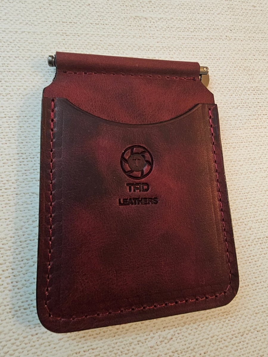 Leather Money Clip Wallet - Black/Red Stitching