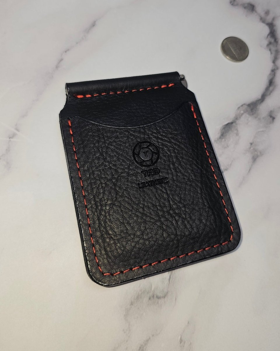Leather Money Clip Wallet - Black/Red Stitching