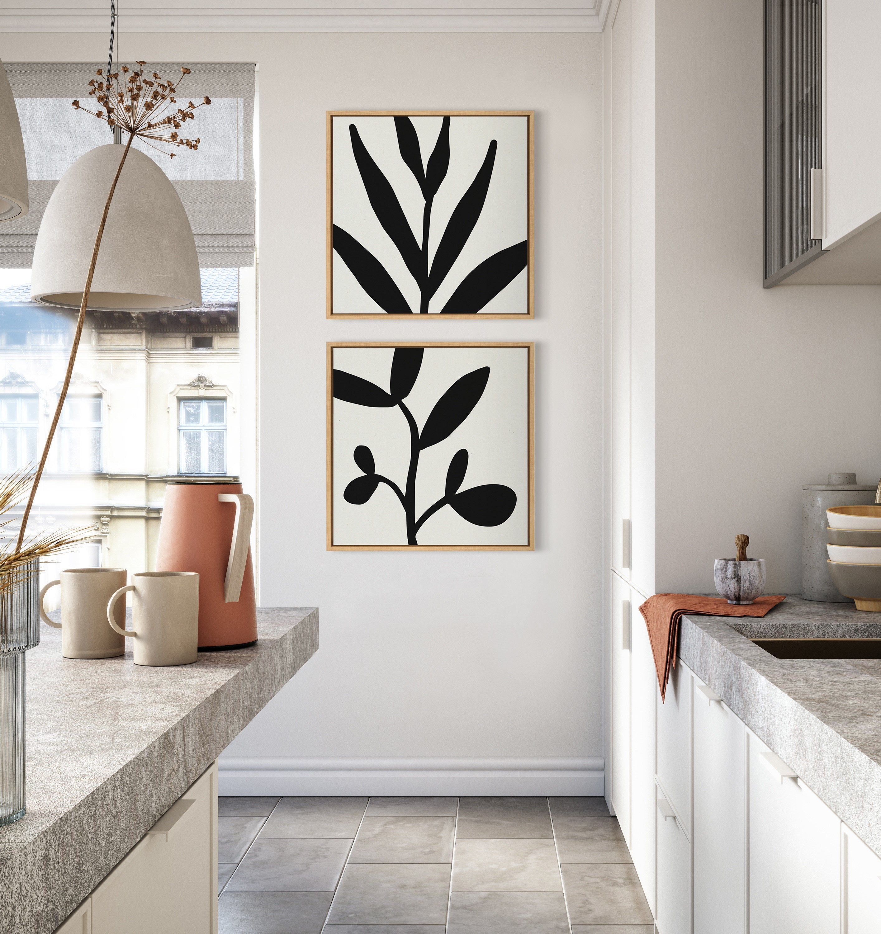 Sylvie Modern Botanical Neutral Abstract 1 Framed Canvas by The Creative Bunch Studio